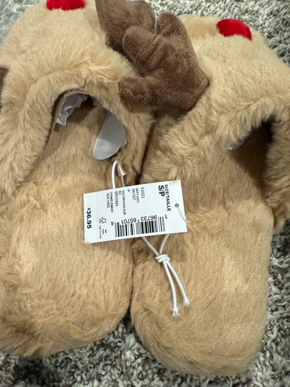 The Children's Place Plush Reindeer Slippers - Tan with Red Nose